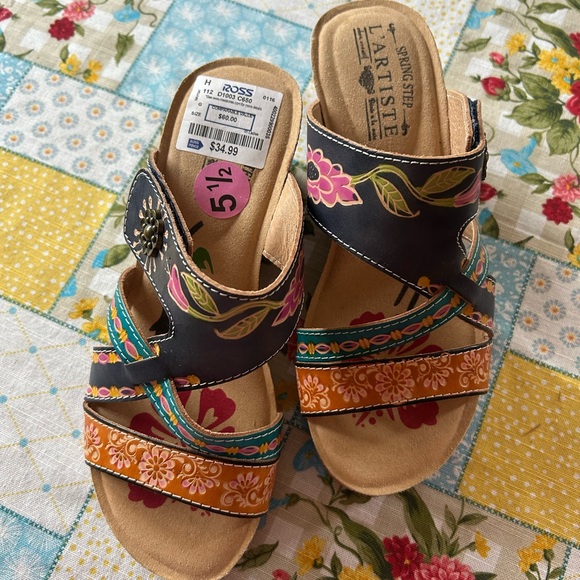 Spring Step Black and Orange Floral Sandals - Picture 1 of 4